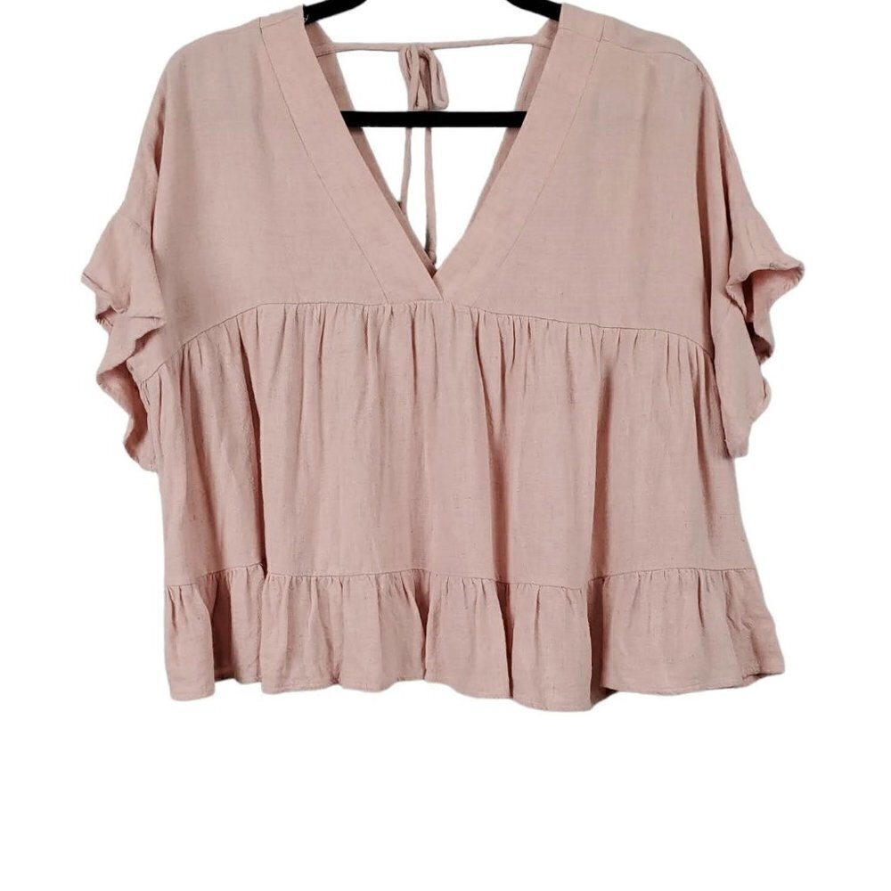 💎288Peach Love California V Neck Ruffled Flutter Sleeve Cropped Linen Blend Top
